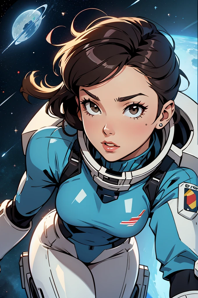 pin up female space trooper floating in space during a battle