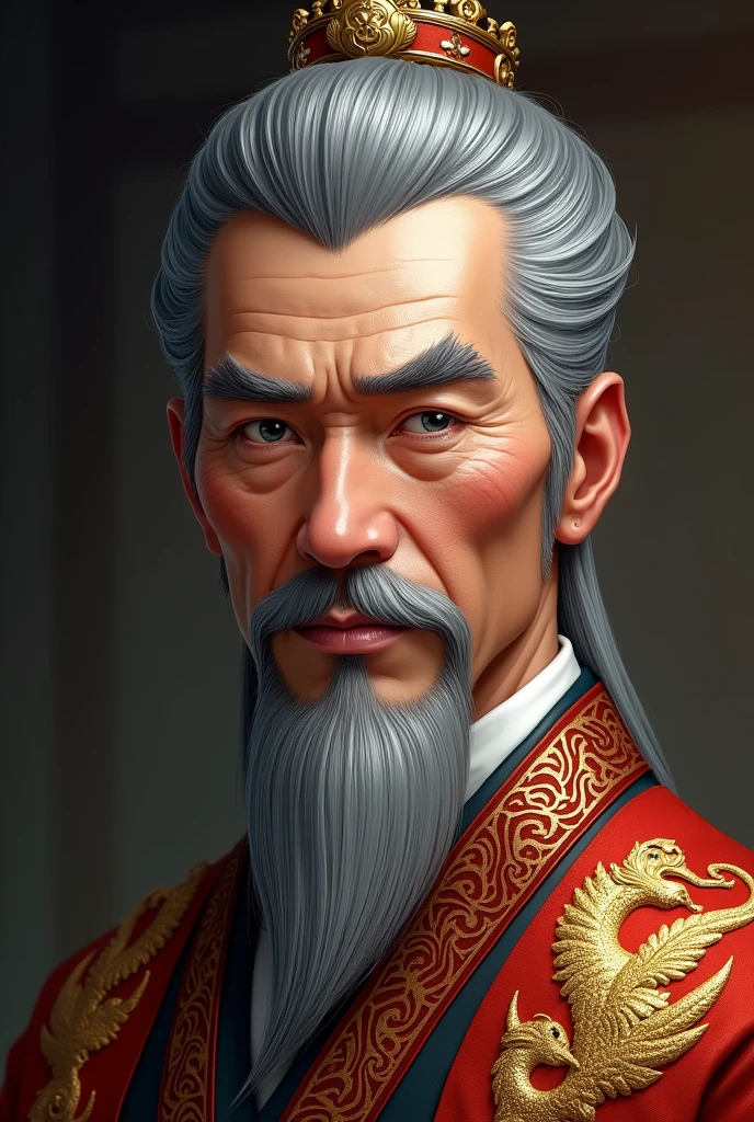 A close up picture of an western race emperor in his 50s, tall and dignified with a strong, imposing frame that carries the weight of his authority. Light olive skin or tanned complexion, showing a life of both outdoor activities and palace life. Deep, penetrating grey eyes, reflecting his wisdom and experience. Silver-gray hair, once dark but now showing signs of age. It’s usually kept short and neatly groomed with the crown. He wear emperor's robe that have a pattern of golden phoenix