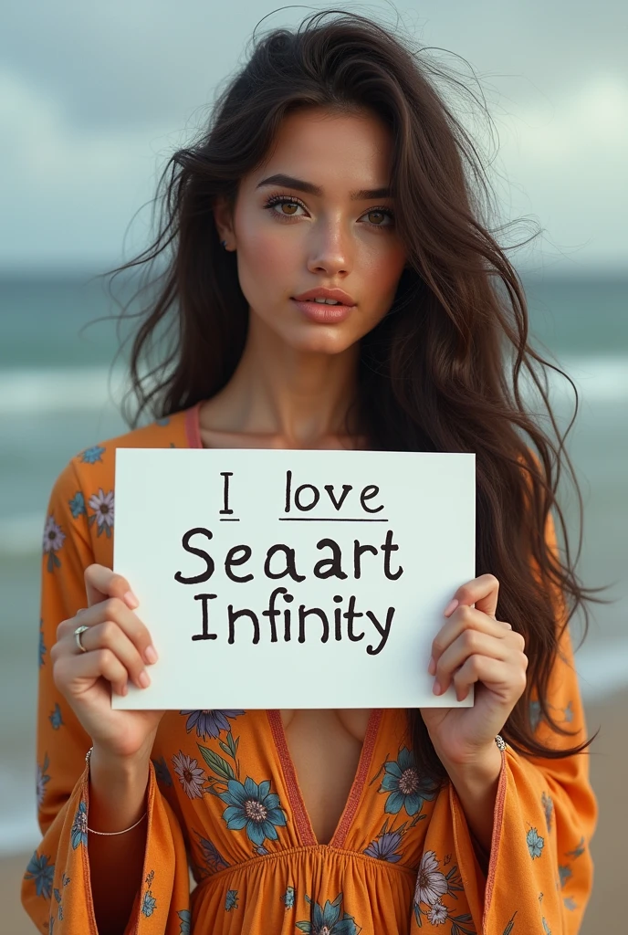 Beautiful girl with wavy long hair, bohemian dress, holding a white board with text "I Love Seaart Infinity" and showing it to the viewer