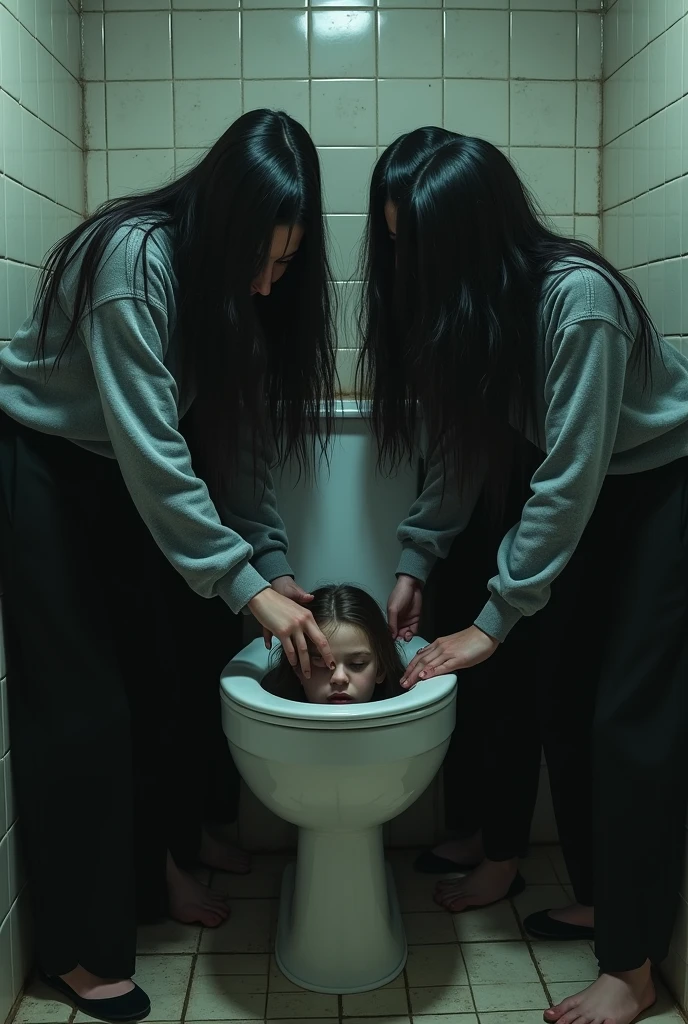 Group of girls in white tank tops ,Big black dhorts and long hair sticking dead boy&#39;s head in the toilet