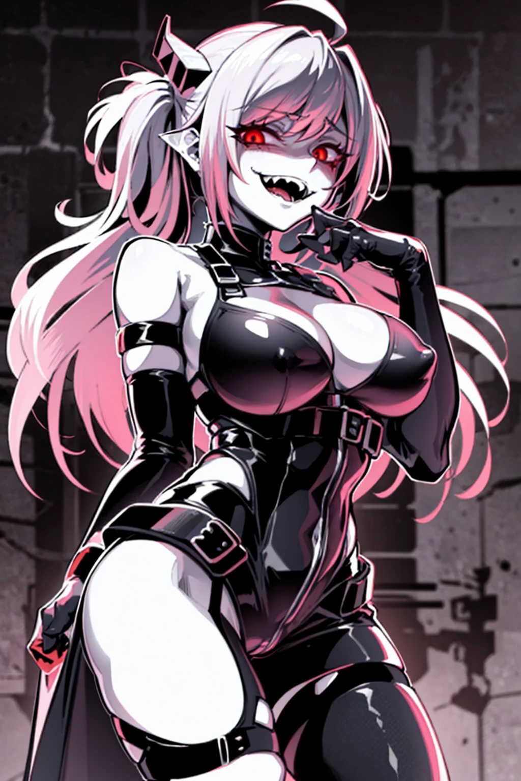  a girl with sharp teeth like the teeth of a shark eyes uncensored, more details XL, harness with harness, latex elbow pads, mouth full of sharp teeth, latex clothing. , high latex boots, latex shirt, cleavage, latex elbow gloves, big_dominant, medium breasts, serious, severe, from below, standing, evil, latex corset, bondage harness, full face latex mask:glove,source_anime, normal breast erect nipples, twins pony tails large,doujinshi, crown black , Milf body,anya forger,pink hair,hair ornament,hairpods,ahoge,edgGesugao,edgGesugao  expression,sadistic smile,evil smile