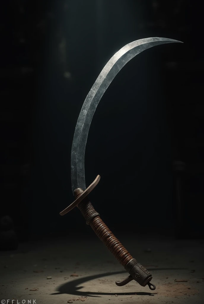 A single kama weapon with 2 blades facing the forward together