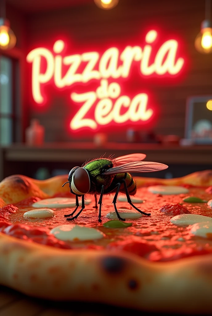create the image of a fly sitting on a pizza with olive oil, In the background you can see the pizzeria sign with the words Pizzaria do Zeca