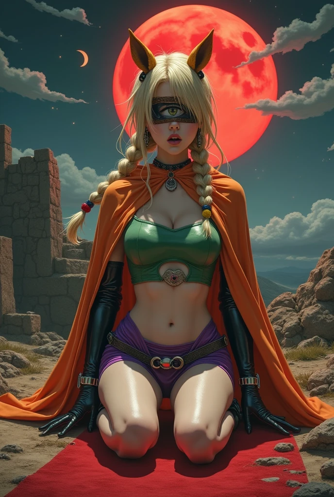 (High quality, masterpieces), One Japanese girl on all fours position, Blonde braid hair with horse ears, Covered her eyes with leather blindfold illustrated a realistic large single eye at that center, Beautiful face, Open her mouth wide, horseshoe shaped earrings, Big breasts, Drenched her full-body in sweat, Orange short cape, Green mini dress made of enamel, A heart shape cutout at her bellybutton, A purple micro shorts, Attach a horse tail on her ass hole, black wedge heels, Black long gloves with the shackles, Black leather choker, Purple fishnet Stockings, Garter belt, Ancient ruins on a mountaintop, Midnight with red Moon, Red carpet