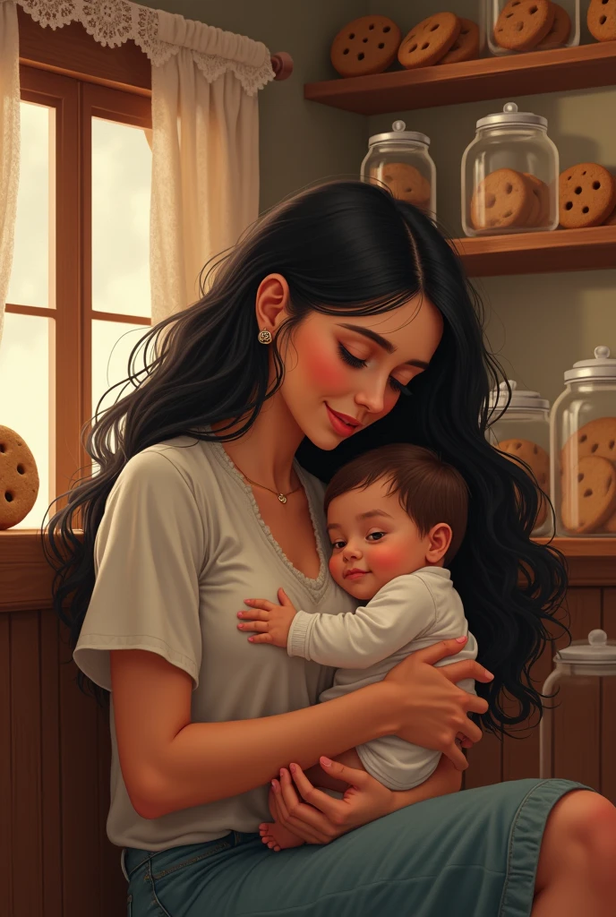 Young mother with long black hair with baby boy on her lap in a cookie shop with the name of the shop written Doce Mae on top