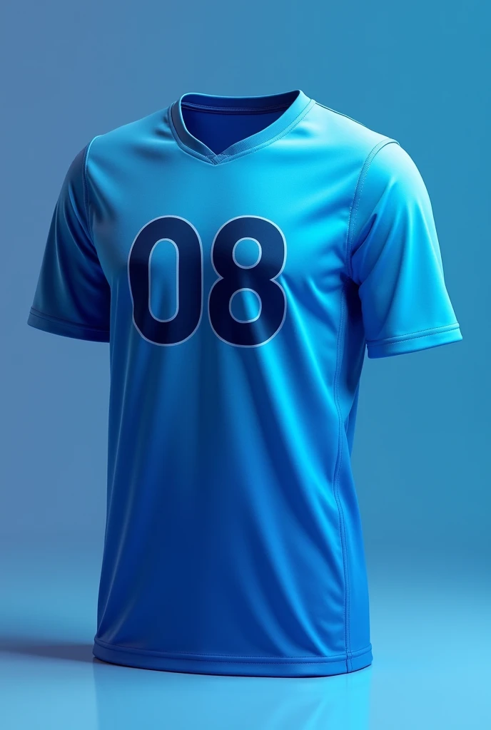 Create an image of a blue volleyball shirt with a darker blue, front and back, with beautiful details, without any writing, just the number 08 WITH DEGRADE at the beginning of the blue shirt