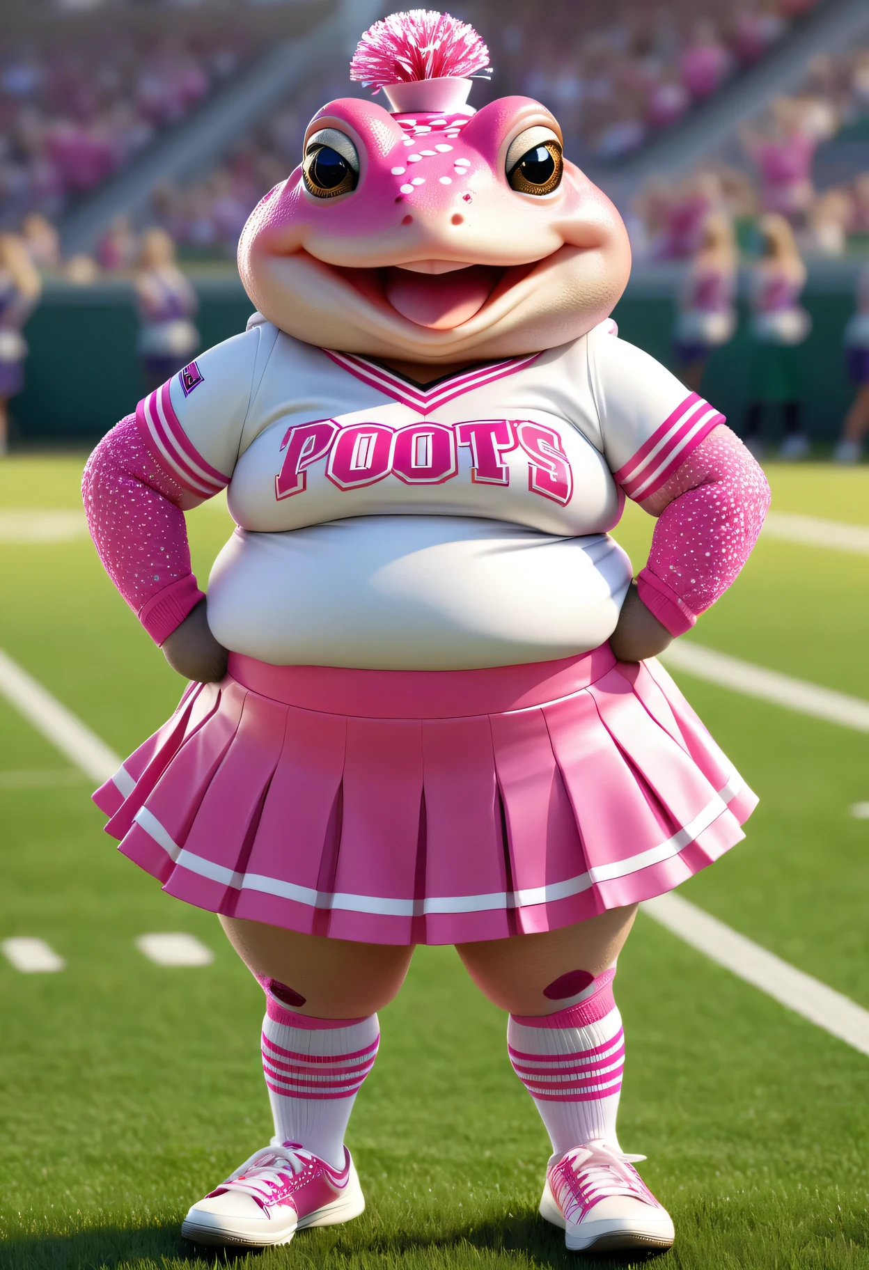 photorealistic portrait of Dressed animals - a ((fat))pink (toad) cheerleader,(full body image from head to toe:2.0), (hands on hips:2.0),(standing), (happy smile:1.2),high quality,(lovely) , highly detailed cute  top with team logo ,intricate detailed  short pleated skirt, highly detailed ((cheerleader's costume)) ,(highly detailed sox and sneakers),, (happy), natural lighting,, grass sports field background,