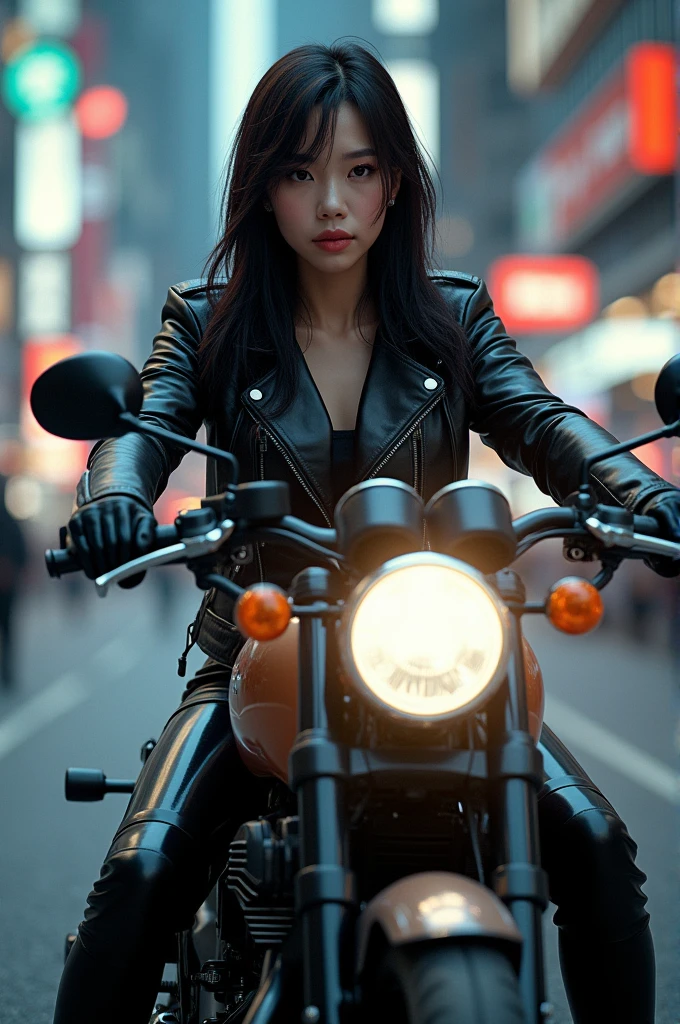 A YOUNG ASIAN WOMAN WITH A SYMMETRICAL FACE AND LONG HAIR, on top of a motorcycle.