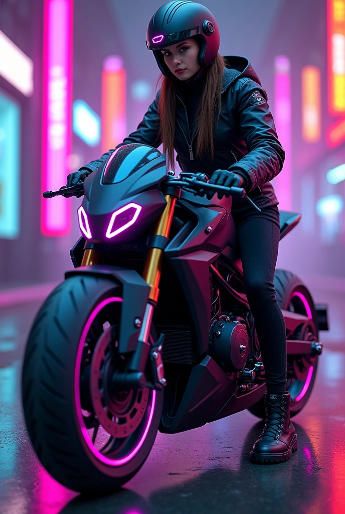 A brunette girl with a black helmet with purple details. Sitting in front of her APACHE 180 MODEL 2022 brand motorcycle which is also black with purple details and purple neon lights on the tire rims.