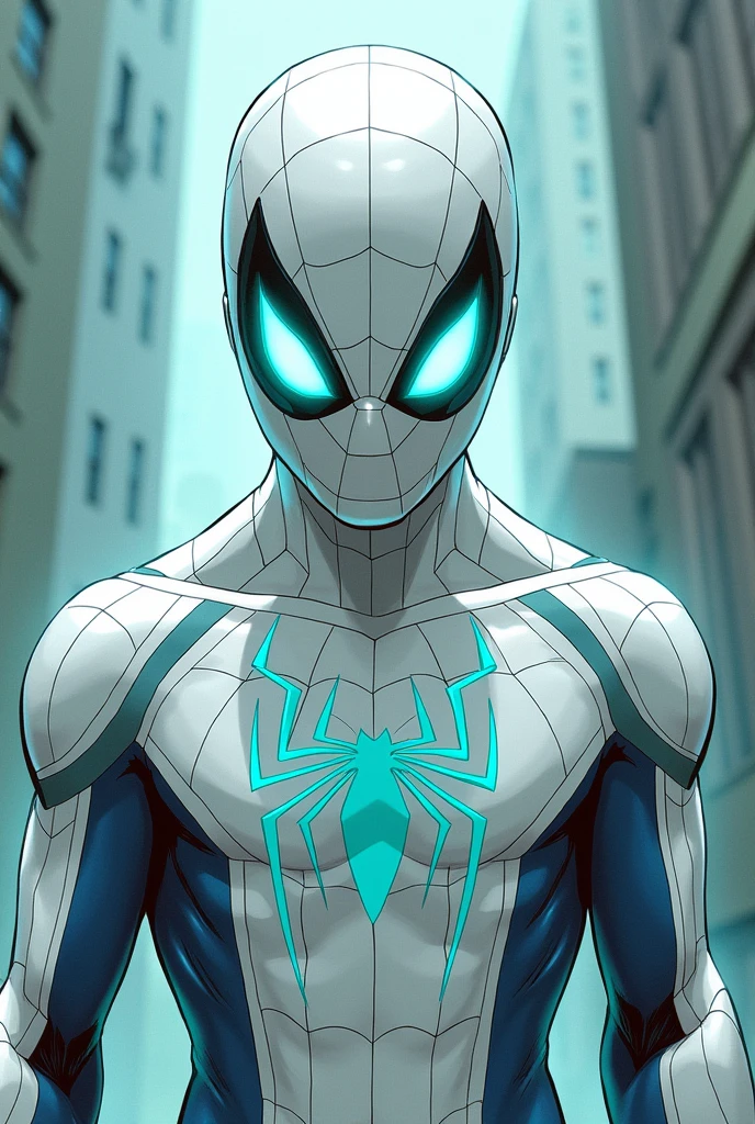 spider man with sharp eyes with but in all white suit with bright turquoise eyes in comic book style art