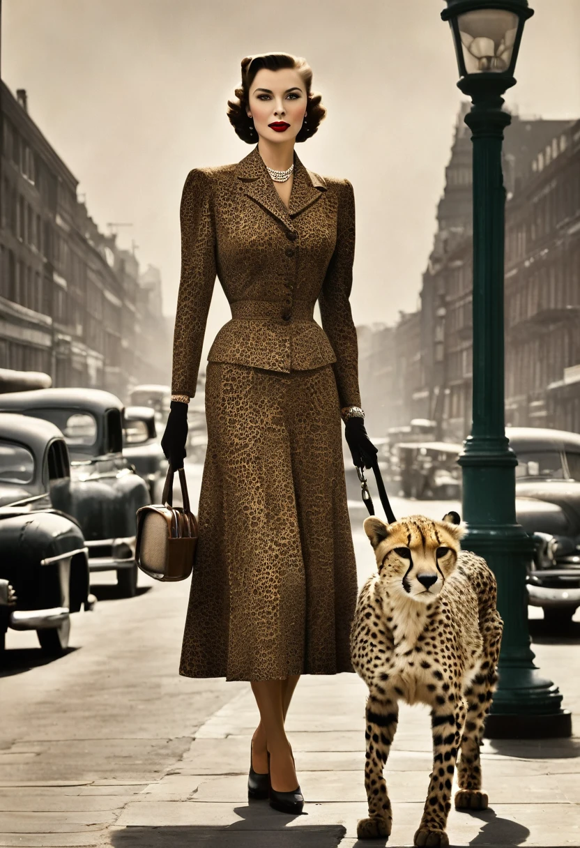 A 1940s-style woman, adorned in a vintage dress, strolls along the London pavement with a leash in hand, guiding a sleek, majestic cheetah. The scene, reminiscent of a Dean Ellis masterpiece, exudes fine art and elegance. The woman, with an inspiring air, walks purposefully to work, her posture and demeanor reflecting the spirit of the 1940s. The photograph, captured in 1950, showcases the unique style of the era, with a focus on the beauty and grace of the woman and the wild, exotic cheetah. The fine art photography, with its intricate details and rich colors, serves as a captivating and timeless piece.