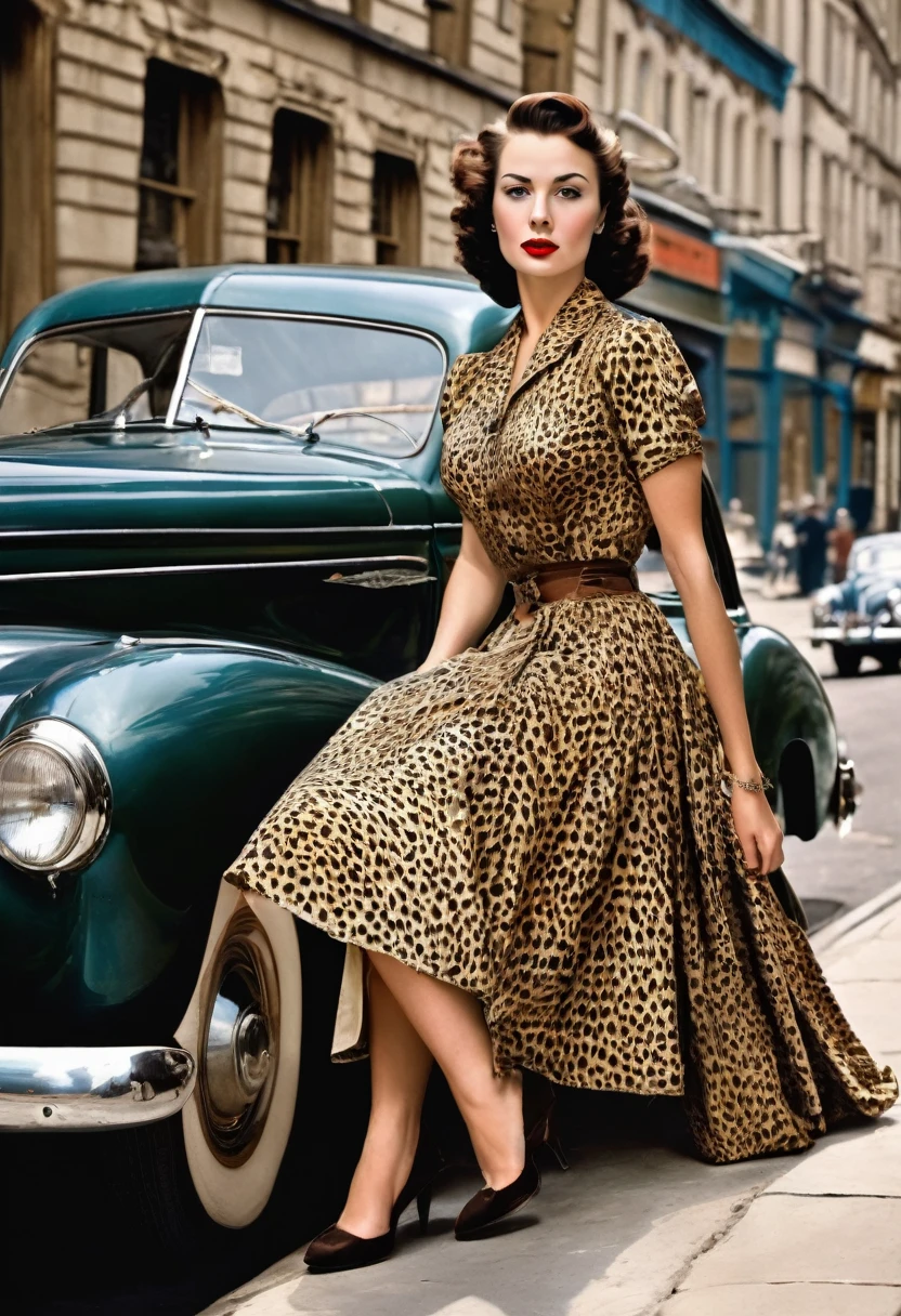 A 1940s-style woman, adorned in a vintage dress, strolls along the London pavement with a leash in hand, guiding a sleek, majestic cheetah. The scene, reminiscent of a Dean Ellis masterpiece, exudes fine art and elegance. The woman, with an inspiring air, walks purposefully to work, her posture and demeanor reflecting the spirit of the 1940s. The photograph, captured in 1950, showcases the unique style of the era, with a focus on the beauty and grace of the woman and the wild, exotic cheetah. The fine art photography, with its intricate details and rich colors, serves as a captivating and timeless piece.