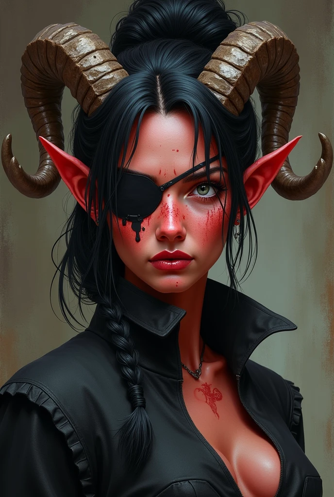 ((Mediovale)), uma mulher Tiefling, reddish skin, ram horns, broken left horn, Bblack hair, hair tied in a ponytail, hair shaved on the sides, two braids on each side of the bangs, white eyes without scruff, eye patch on the left side, scar under the eye patch, scar on the lips on the right side, 