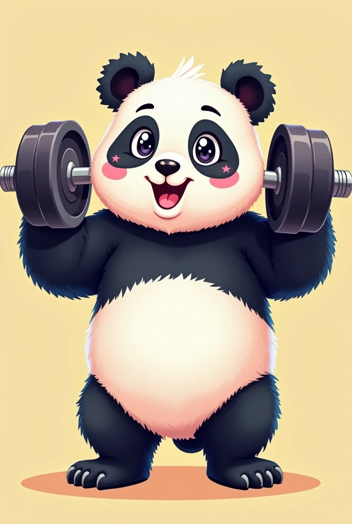 Cute and muscular panda lifting weights in cartoon style without background