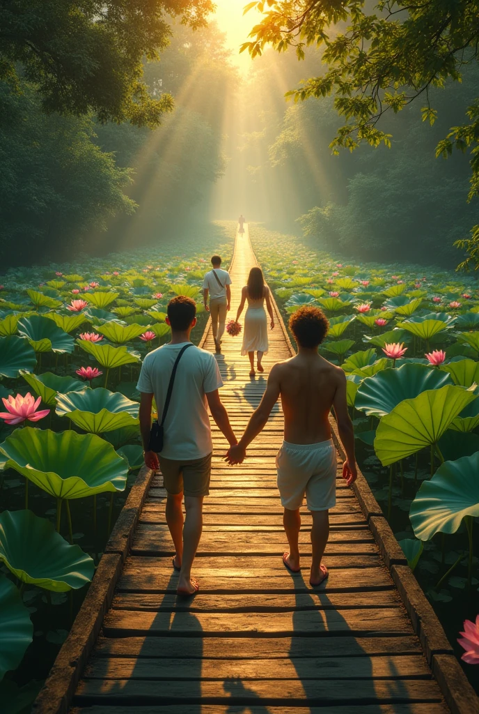 Two perfect young men walk forward on a wooden bridge across a beautiful lotus-blossom lake, behind them two beautiful women carrying lotus flowers, one male friend holding a bunch of lotus flowers in one hand and reaching out towards a light, the other friend is seen in the distance. Bright yellow points towards the light, , a scene of light in the distance, a realistic picture, attractive pic, black background