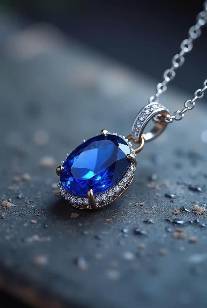 September Birthstone、10 carat clear blue sapphire necklace、On top of the Septuagint、The background is gray, Surrealism, Verism, Fujicolor, cinematic lighting, UHD, accurate, super detail, masterpiece, high details, super detail, high quality, best quality, highres