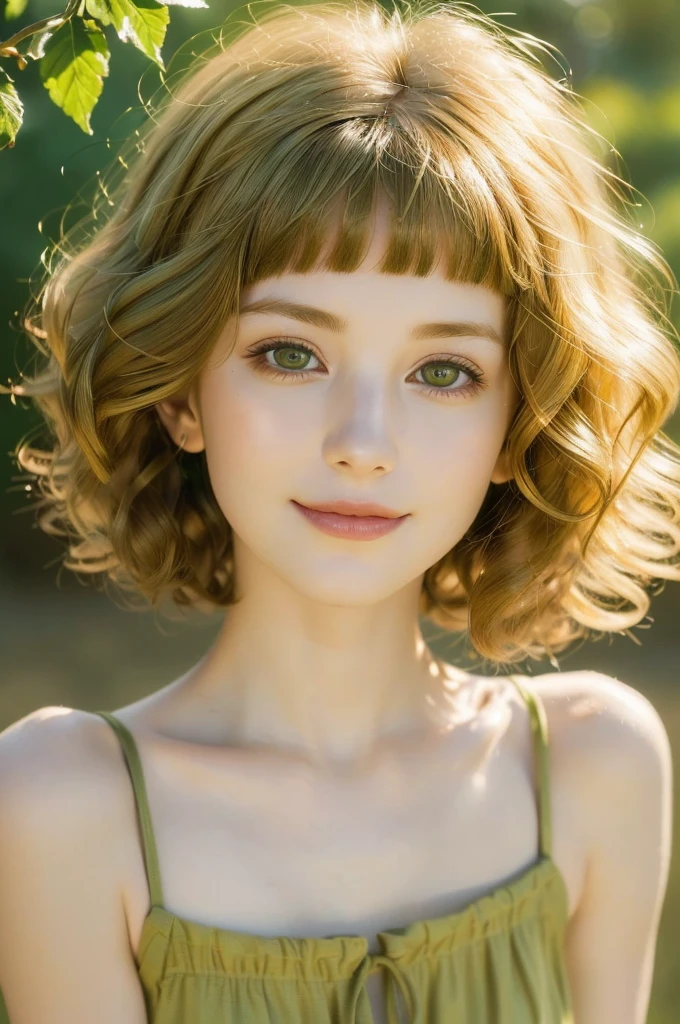 (best quality, 4k, 8k, high-resolution, masterpiece:1.2), ultra-detailed, (sharp focus:1.4), (realistic, photorealistic, photo-realistic:1.37), cinematic lighting, simple background, realistic, (golden flower image), (curly hair:1.3), green hair, colorful hair, pale skin, (soft smile:1.3), ((streak of light)), short bangs,