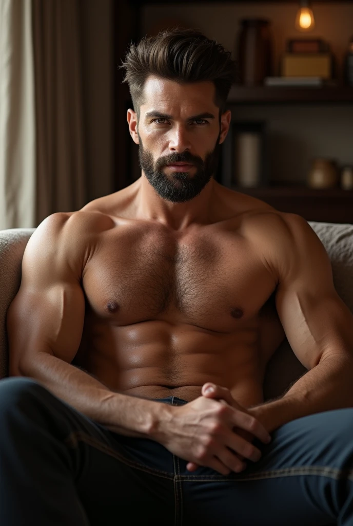 Handsome muscle guy with beard and sharp eyes sitting on soffa naked without pants and underwear and his penis big hard