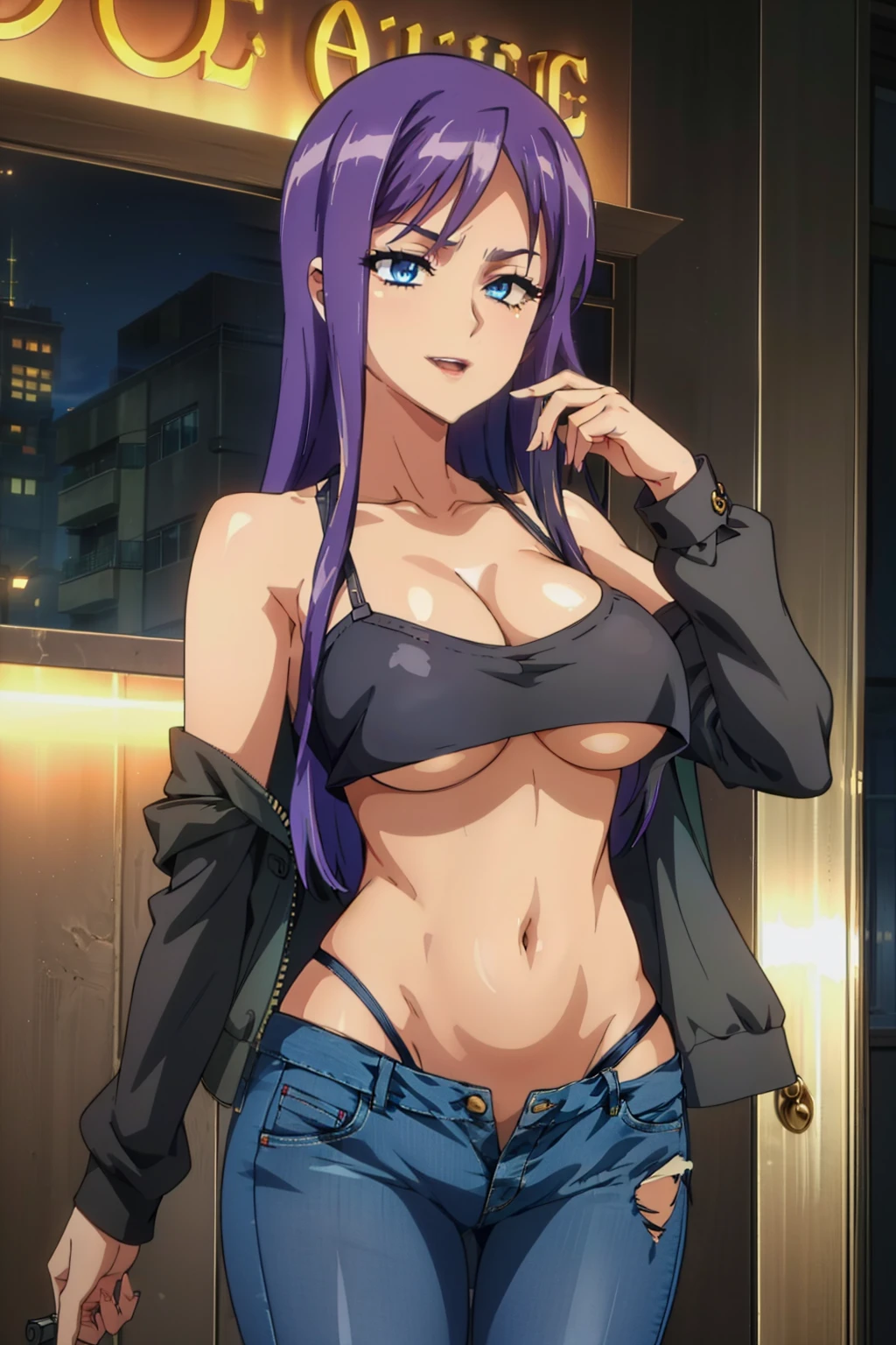 jewelry,gem, necklace, 
blue eyes, purple hair,long hair,Bangs,
long hair, lipstick, smile, Hot girl, baddie, staring, glaring, bad attitude, mean girl, dare, angry, hate, crazy, smoking, sensual, attractive, masterpiece,high quality,4k, bare shoulder,belly,crop top,holding pistol,cleavage,casual dress, bar
background, inside bar, indoor,smile, open mouth, evil expression, exposed
belly, exposed navel, exposed midriff, exposed lower belly, crop top overhang, underboob,jacket,
unbuttoned jeans , low rise black jeans, Low rise jeans, Low rise jeans with open fly, navel piercing