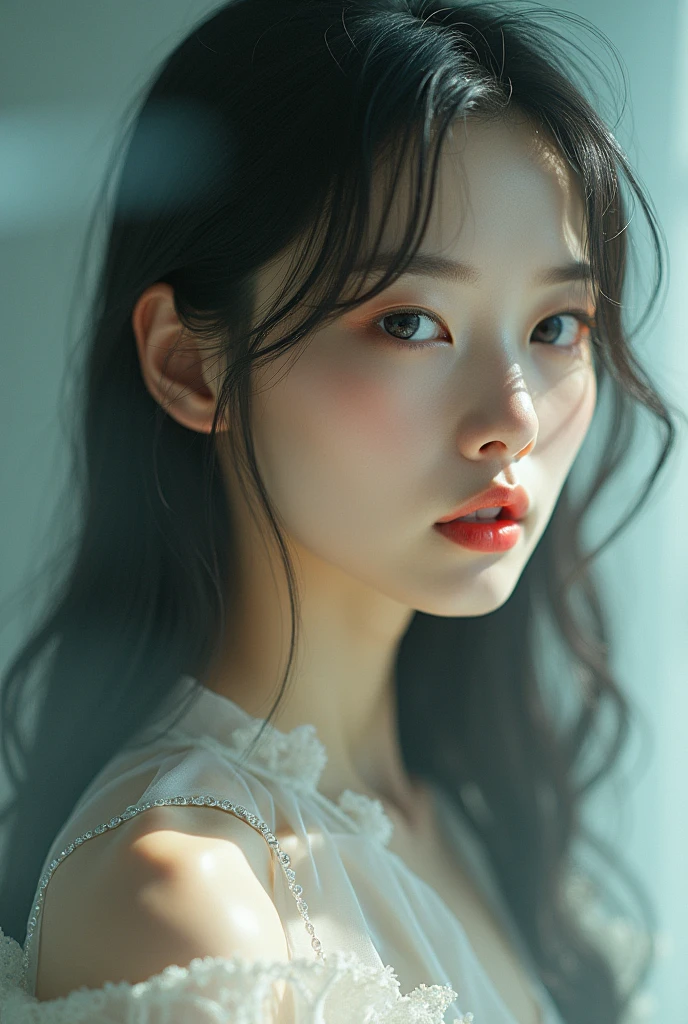 editorial photography,super detailed background,Super realistic,double exposure,depth of field,beauty super slender skinny Chinese vibes,soft focus tone,narrative scene,iris,pupil,wabi-sabi,open lips,Super long straight hairstyle,fullbody shot,
