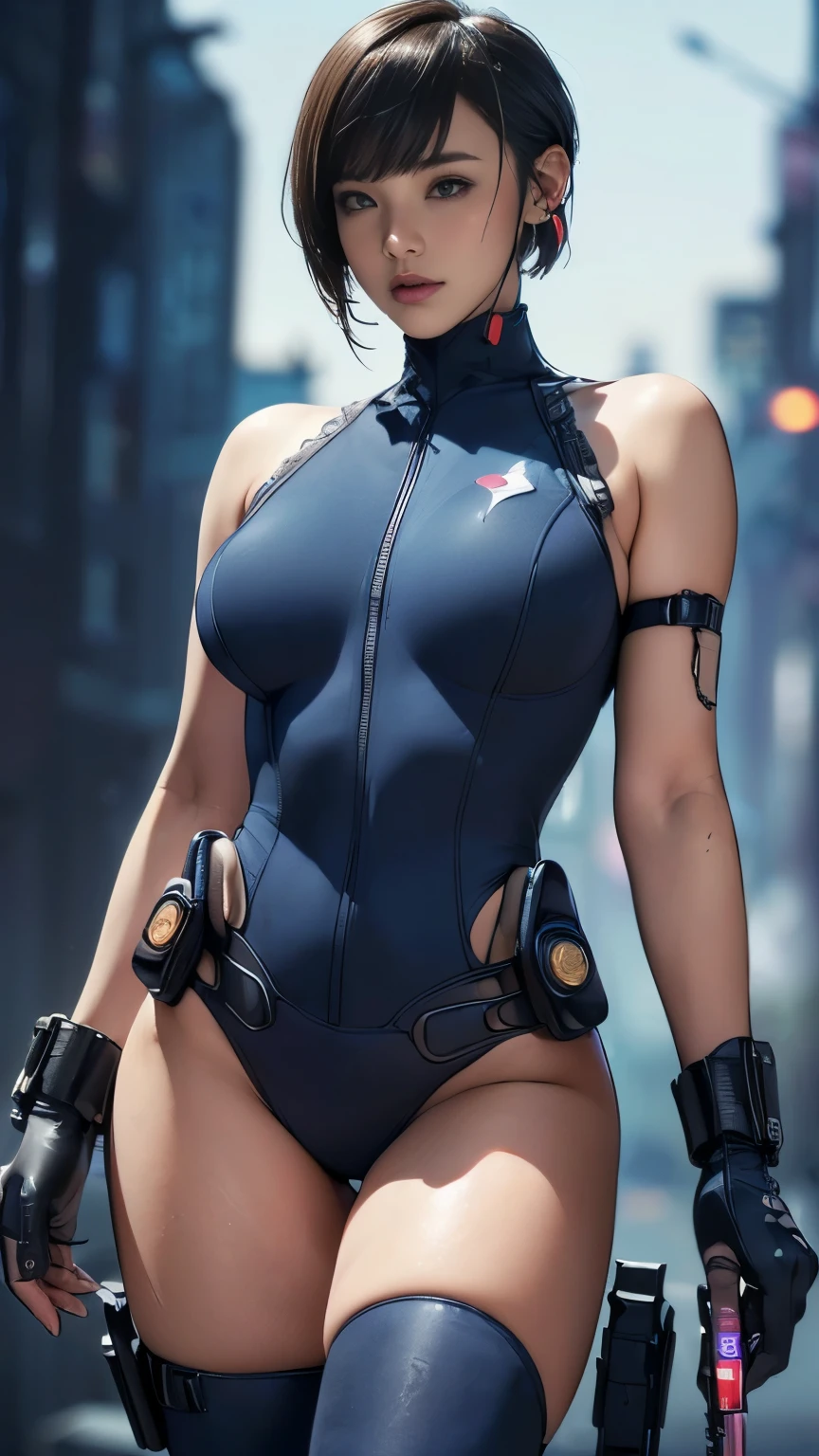 (A woman),(((A female member of the Future Force rides a motorcycle))),((Navy blue tactical high leg bodysuit:1.5)),((earphone:1.5)),((Tactical Holster:1.5)),(Gloves:1.5),(Serious:1.5),(Super short hair:1.5),(bionde:1.5),(beautiful eyes:1.3),(Very detailedな顔:1.5),((Very detailed drawing of a female hand:1.5)),((muscular:1.5)),(Sexy appearance:1.5),((Thick thighs:1.5)),(Beautiful Body:1.5),((Very sensual:1.5)),(Background is hanger:1.5),(Cyberpunk atmosphere:1.5),(((Blurred Background:1.5))),(Written border depth:1.5),rest(((masterpiece:1.5),(best quality:1.5),(Very detailed:1.5),(high resolution:1.5),(Practical:1.5),(Practical:1.5),(Delicate depiction),(Carefully drawn))),8k,wallpaper