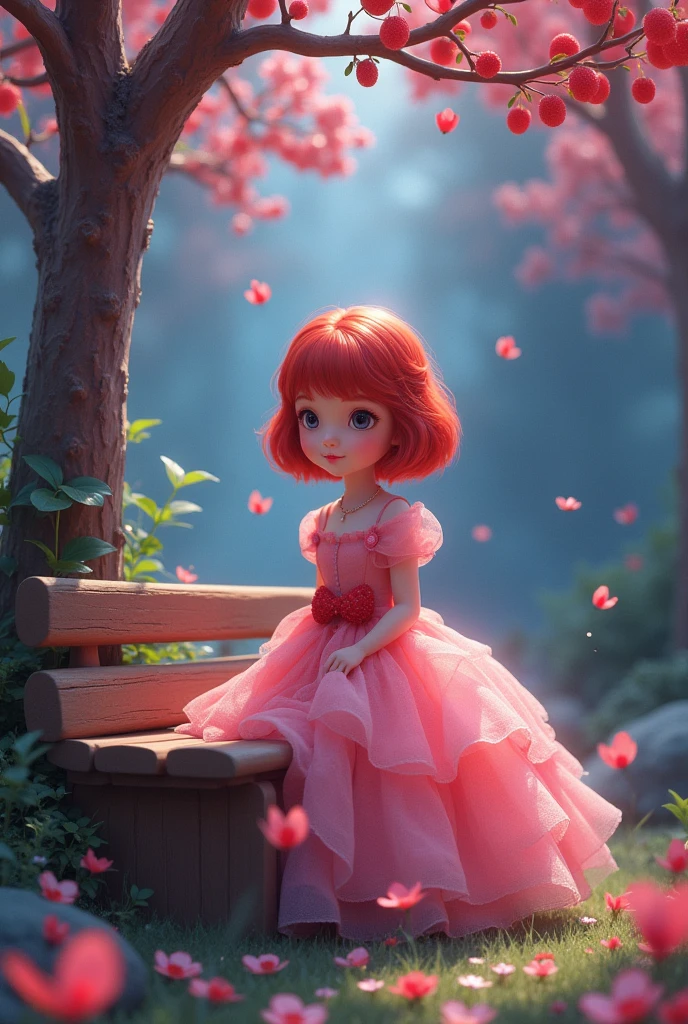 Beautiful girl and Clarita with short red hair and strawberry dress, There are trees and a brown bench around., The image is horizontal with purple and blue tones