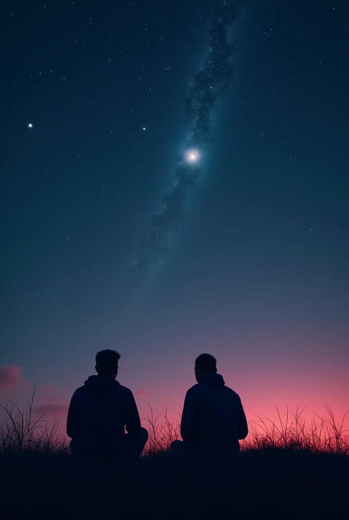 Two shadows of two men who are warrios (far away) laying in the ground and whatching at stars, these two men are in the middle of a plain in the evening, with a starry night (dark blue sky above fading to slightly lighter blue below, with pink and red) with thousands of stars, one in the middle shining a little brighter and standing out from the others.