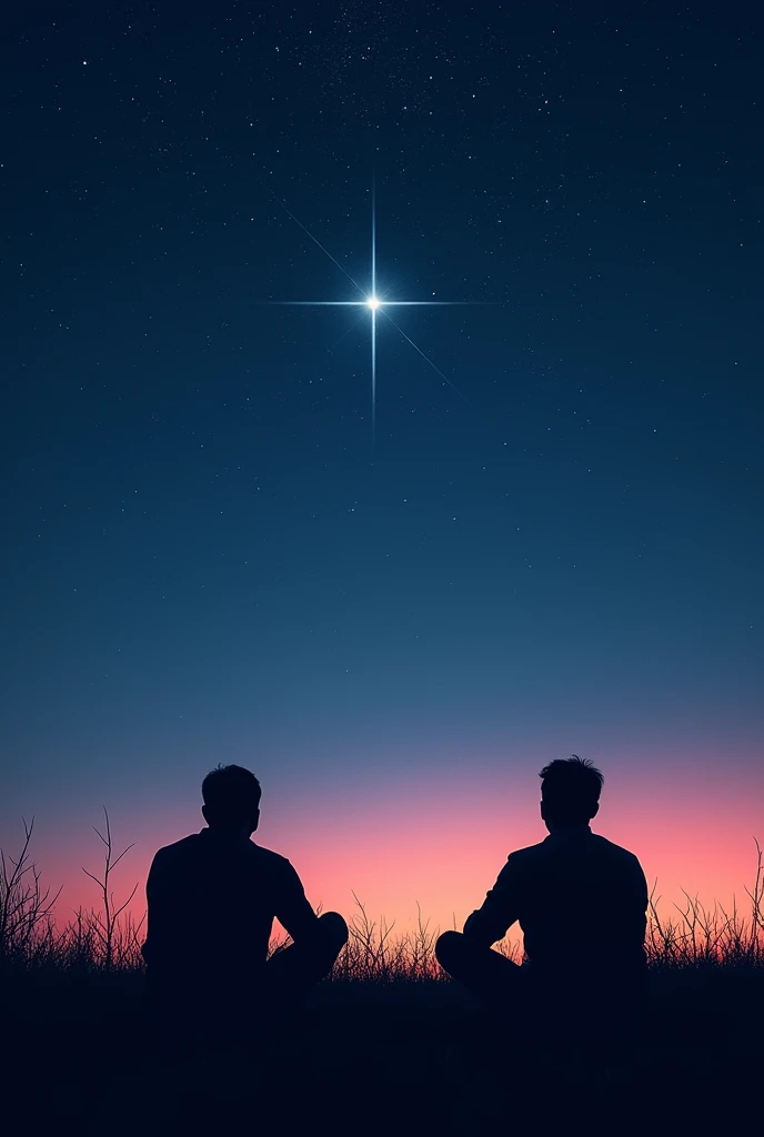 Two shadows of two men who are warrios (far away) laying in the ground and whatching at stars, these two men are in the middle of a plain in the evening, with a starry night (dark blue sky above fading to slightly lighter blue below, with pink and red) with thousands of stars, one in the middle shining a little brighter and standing out from the others.