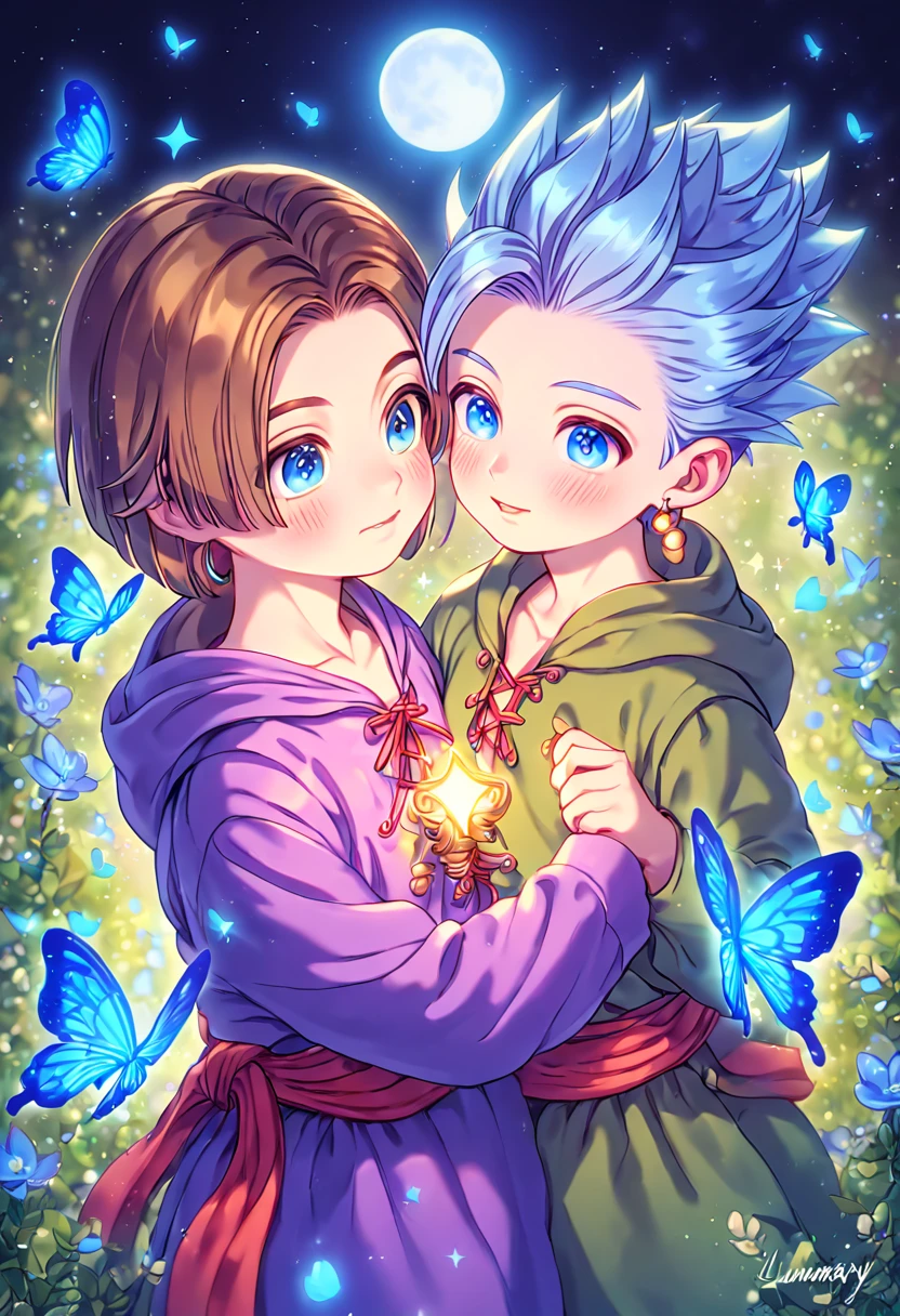 absurdres, highres, ultra detailed, HDR, master piece, best quality, extremely detailed, Erik as a kid, light-blue hair, hair slicked up, spiked hair, expressive blue eyes, Dragon Quest XI, Luminary as a kid, brown hair, expressive blue eyes, two boys together, yaoi, gay couple, cute, hooded dark green tunic with lacing that exposes his chest, a red sash tied around his waist, golden earring, purple tunic, fantasy, magic, sparkling, blue moon, blue flowers, blue butterflies, blue petals, garden