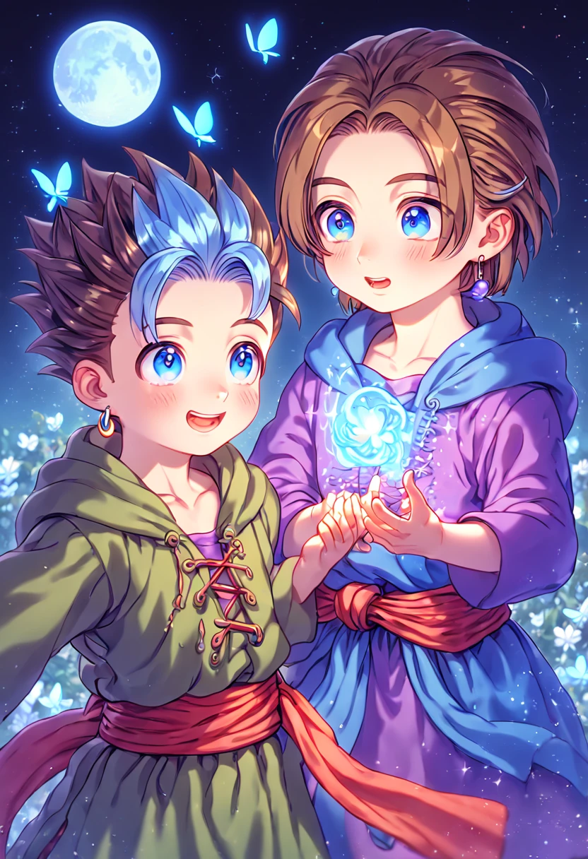 absurdres, highres, ultra detailed, HDR, master piece, best quality, extremely detailed, Erik as a kid, light-blue hair, hair slicked up, spiked hair, expressive blue eyes, Dragon Quest XI, Luminary as a kid, brown hair, expressive blue eyes, two boys together, yaoi, gay couple, cute, hooded dark green tunic with lacing that exposes his chest, a red sash tied around his waist, golden earring, purple tunic, fantasy, magic, sparkling, blue moon, blue flowers, blue butterflies, blue petals, garden