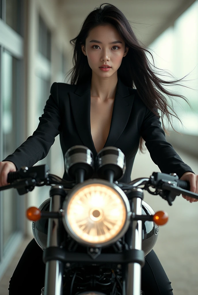 A YOUNG ASIAN WOMAN WITH A SYMMETRICAL FACE AND LONG HAIR, on top of a motorcycle.