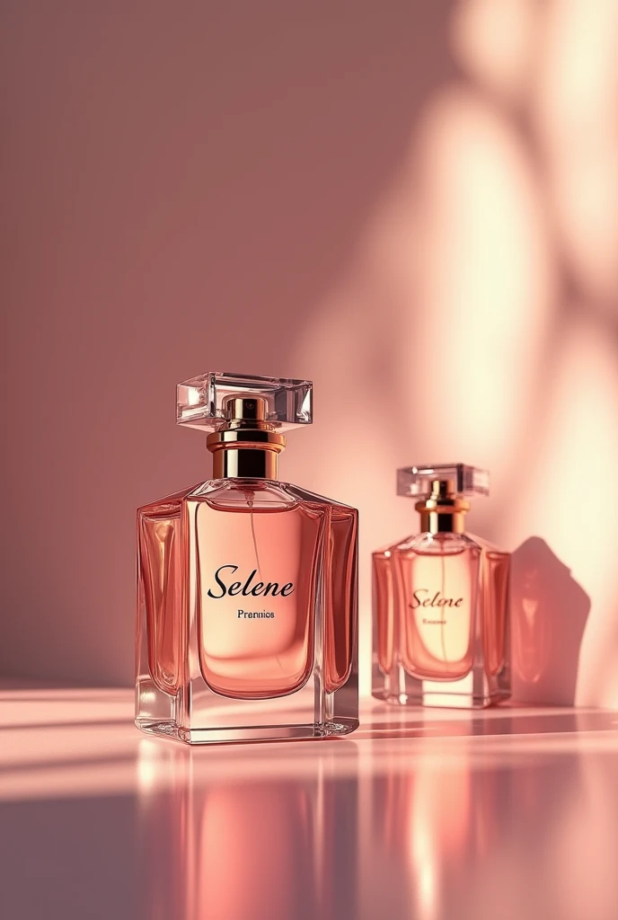 two realistic perfume bottle with logo with the name selene a unique design in several different positions and angles as if in a magazine. create a background scenario.