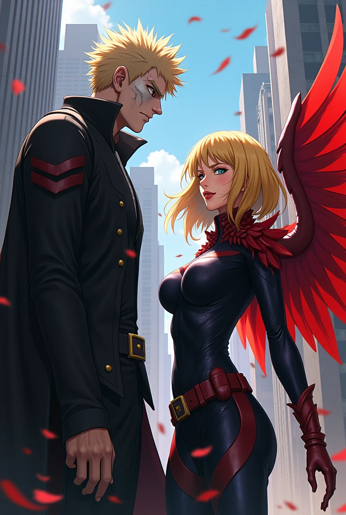 My hero academia Dabi next to a blonde with red wings and yellow eyeliner and heroine costume