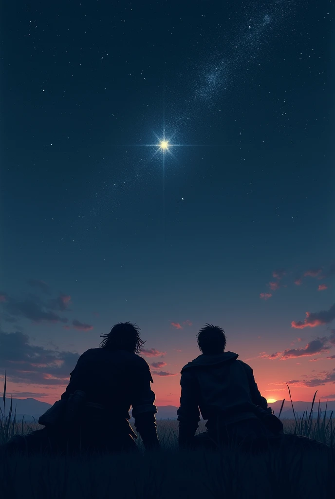 Two shadows of two men who are warrios (far away) laying in the ground and whatching at stars, these two men are in the middle of a plain in the evening, with a starry night (dark blue sky above fading to slightly lighter blue below, with pink and red) with thousands of stars, one in the middle shining a little brighter and standing out from the others.