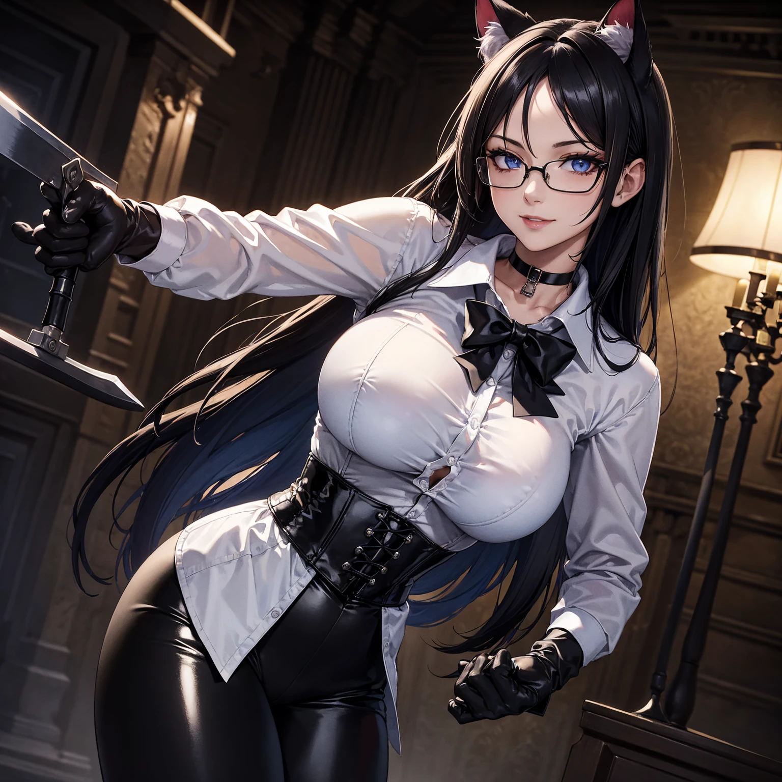 masterpiece, Superior image quality, High resolution, 4k image,photo and gross, photorealistic, whole body, 1 girl, fighting pose, big breasts, {{{vagina}}}, beautiful face, long black hair, blue eyes, very detailed eyes, cat ears, seductive expression, smile, Glasses, choker:1.6, (white long sleeve button down shirt with white collar), black gloves, gloves that cover hands, holds an ax in his hand, black leather corset, (shiny black leggings), Sensual Lips, show details in the eyes, front view, looking at the viewer, Mansion, at night