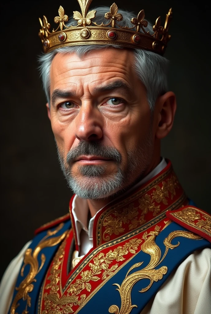 A close up picture of an western race emperor in his 50s, tall and dignified with a strong, imposing frame that carries the weight of his authority. Light olive skin or tanned complexion, showing a life of both outdoor activities and palace life. Deep, penetrating grey eyes, reflecting his wisdom and experience. Silver-gray hair, once dark but now showing signs of age. It’s usually kept short and neatly groomed with the crown. He wear british emperor's robe that have a pattern of golden phoenix