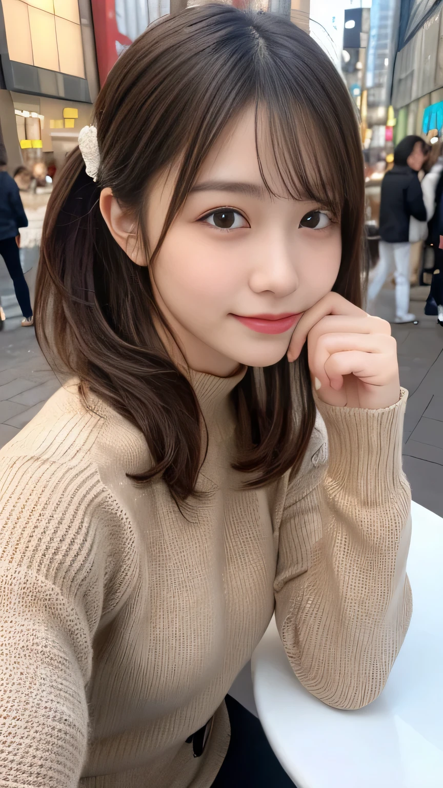 1 , lily, twintails, brunette color hair, By bangs, casual cute dress, flower, 20-year-old female model, Princess, Smile, using a computer