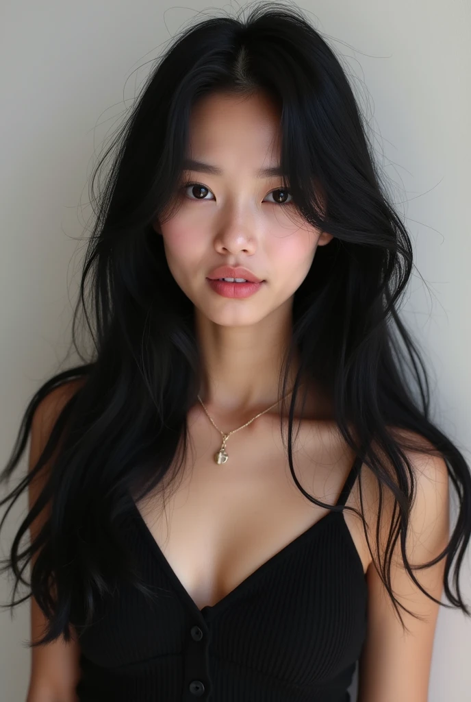she , cute , with long black thick hair , hot , jaket , clean skinn , white skin