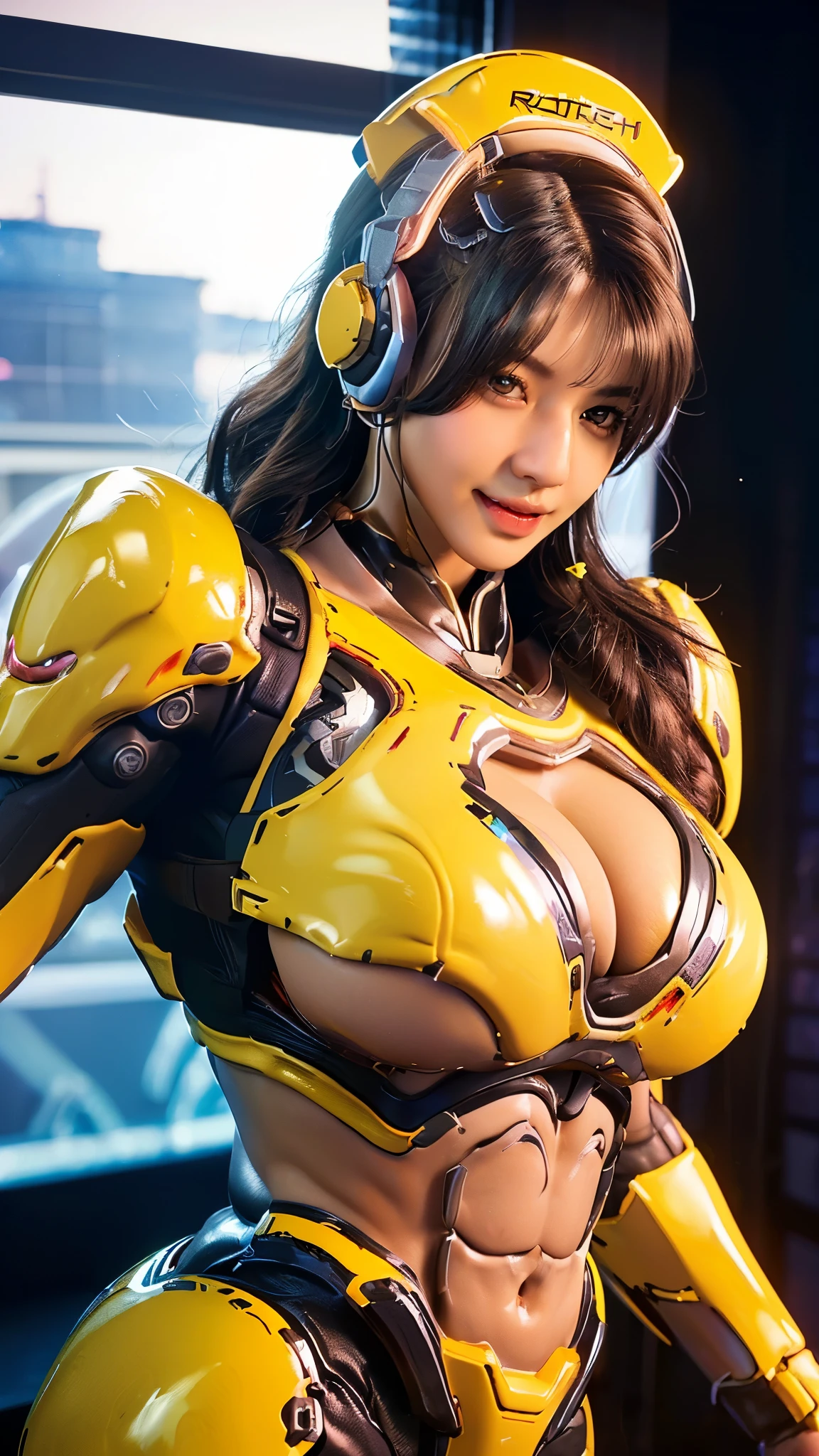 vonnyfelicia, CLOSE UP UPPER BODY,solo, COWBOY SHOT PORTRAIT, perfect fingers, ((HEADSET GAMING HEADPHONE, WAVY BLODE HAIR:1.4)), (GIGANTIC ROUND BREASTS, K-CUP SIZE BREASTS, SQUEEZE CLEAVAGE TOP, 11 LINE ABS:1.5), (TIGHT YELLOW FUTURISTIC HUMANOID MECHA OVERWATCH ARMOR:1.5), (MUSCULAR BODY SHAPE:1.5), (CLEAN GLOSSY BODYSKIN:1.5), (LOOKING AT VIEWER:1.6), (BACKGROUND FUTURISTIC SPACE STATION:1), (Photorealsitic:1.5), (Ultra-detail), (TOP-QUALITY), (BEST SHADOWS), BRIGHT LIGHT IN ROOM, HYPER TEXTURE, (4X MSAA), ((UNREAL ENGINE 5 RENDER)), (NEON), PHYSICALLY-BASED RENDERING, ULTRA HIGHT DEFINITION, 16K, 1080P.