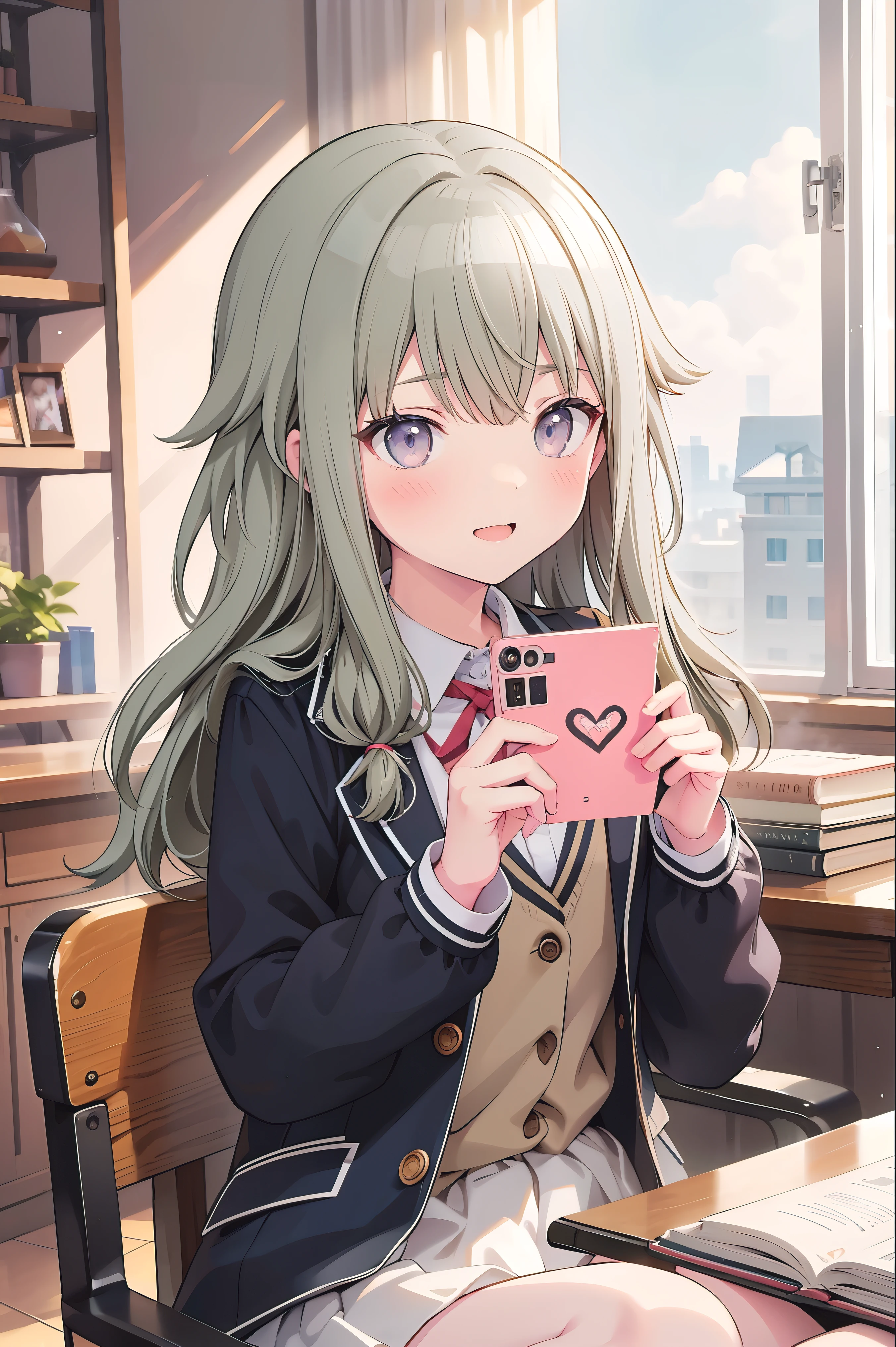 (8k, 最high quality)、Ultra-high resolution、adorable、最high quality, beautiful, (((Absurd beauty)))、masterpiece、Best image quality、(Front facing)、good feeling、smile,Face the camera、Delicate eyes、smile、Small face、girl、1 person、masterpiece, Most detailed、school uniform、blazer、high quality、♡、heart、Shiny Hair、Very fine and beautiful bright eyes、Medium chest、nose blush、Very detailed, clear and beautiful face, Awards, (Anatomically correct)