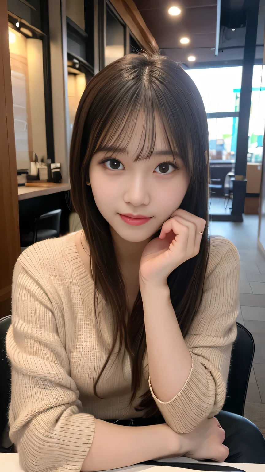 In detail, High resolution, high quality、Perfect dynamic composition, Beautiful attention to detail, Medium Hair, small 、Natural color lip,Kamimei、Shibuya Ward、20-year-old girl、1 person、Clear Skin、Shiny Hair、Tabletop, 最high quality, figure, Very detailed, In detail, High resolution, 8k、The correct state of the human body、Randomly cute poses,ponytail,Beautiful feet,Perfect beautiful face,KPOP idol faces,Ecstatic face,Brown knitted dress,Background Blur,Make a fist pump
