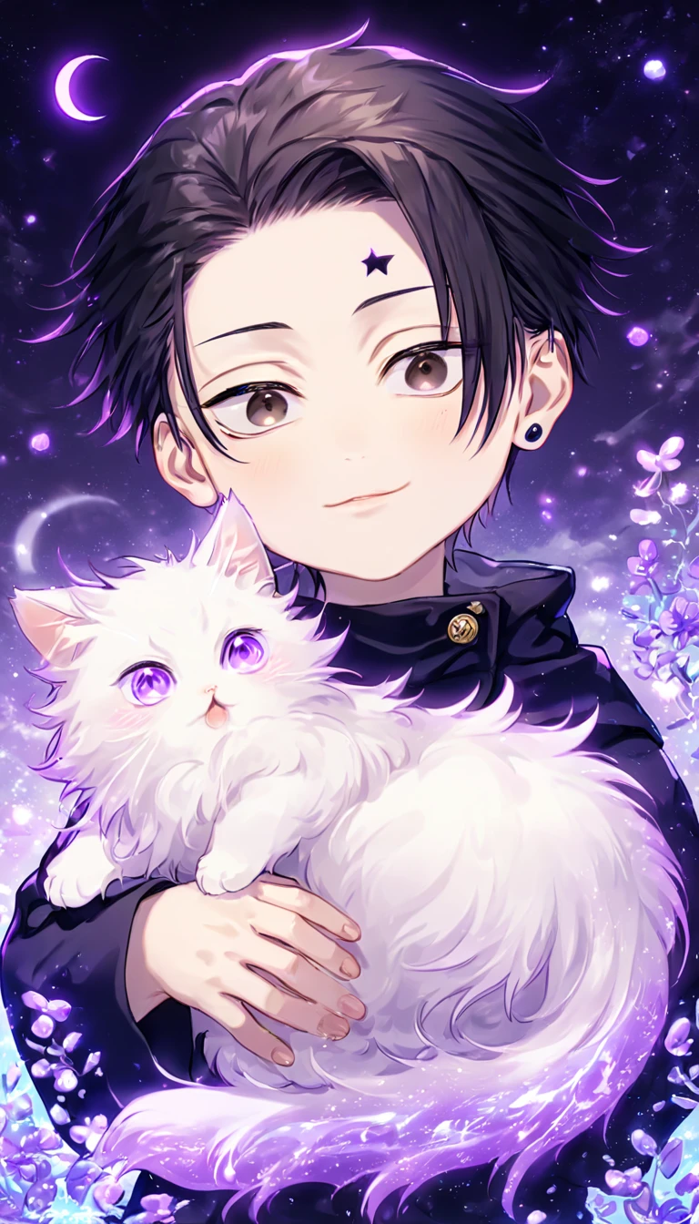 absurdres, highres, ultra detailed, HDR, master piece, Getou Suguru as a little kid, black hair, expressive brown eyes, black clothes, Jujutsu Kaisen, holding a white fluffy cat, cute boy, adorable, best quality, purple glittering crescent moon, purple flowers, fantasy, magical, solo, water, purple shining fireflies, purple petals, purple fire,
