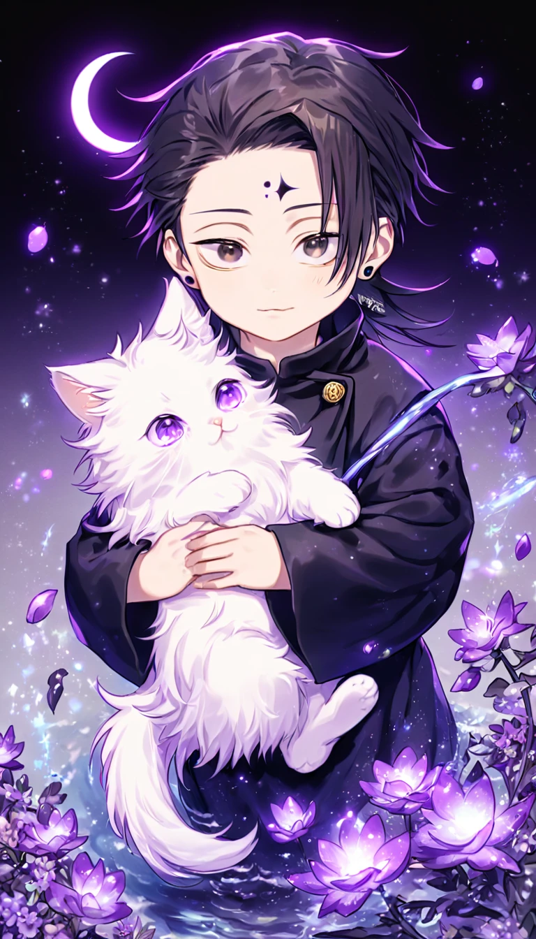 absurdres, highres, ultra detailed, HDR, master piece, Getou Suguru as a little kid, black hair, expressive brown eyes, black clothes, Jujutsu Kaisen, holding a white fluffy cat, cute boy, adorable, best quality, purple glittering crescent moon, purple flowers, fantasy, magical, solo, water, purple shining fireflies, purple petals, purple fire,