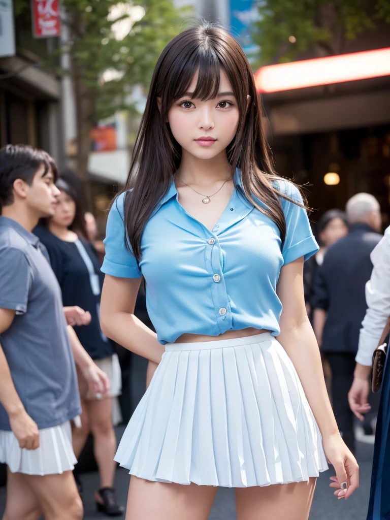 Product quality,1 girl,Cowboy Shot,Front view,(Thigh Emphasis:1.6),Young and sexy Japanese girl,20-year-old,Harajuku,(Crowded street:1.4),Snazzy(Blue:1.5),shirt,wear,(Snazzyバッグ:1.3),Fashionable necklaces,Snazzyイヤリング,((White super short micro pleated mini skirt:1.5)),wear,Very cute face,Glossy Lips,Double eyelids on both eyes,(Natural Makeup),shiny smooth light brown long hair,,,Asymmetrical bangs,Center image,8k resolution,Attention to detail,Detailed hairstyle,Detailed face,Cinema Lighting,Octane Rendering,Ultra-realistic,Perfect limbs,(Detailed fingers:1.5),Beautiful legs,Voluptuous thighs,Huge breasts,Perfect Anatomy,(Model pose:1.3)