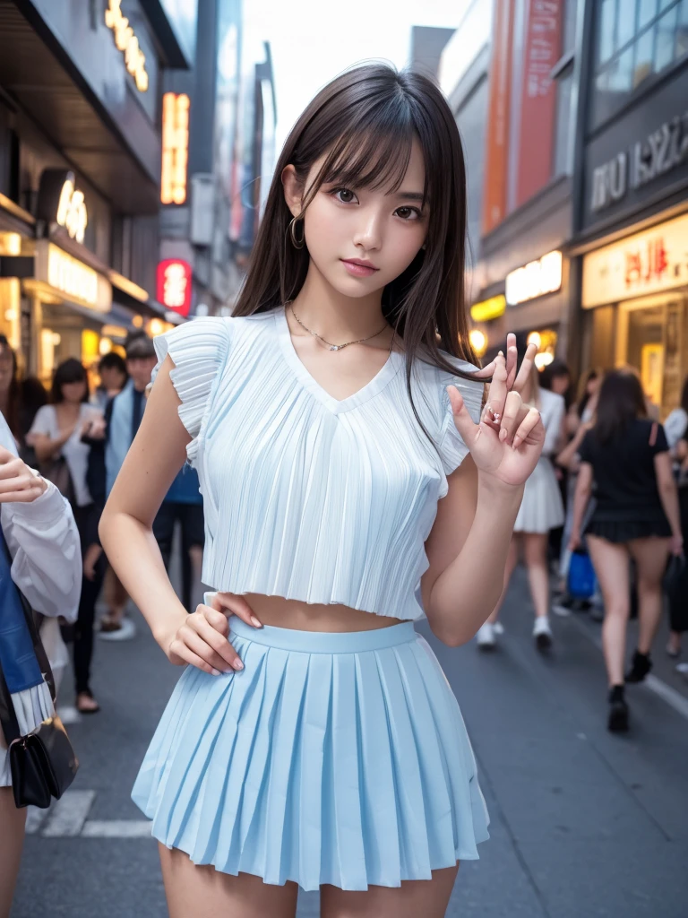 Product quality,1 girl,Cowboy Shot,Front view,(Thigh Emphasis:1.6),Young and sexy Japanese girl,20-year-old,Harajuku,(Crowded street:1.4),Snazzy(Blue:1.5),shirt,wear,(Snazzyバッグ:1.3),Fashionable necklaces,Snazzyイヤリング,((White super short micro pleated mini skirt:1.5)),wear,Very cute face,Glossy Lips,Double eyelids on both eyes,(Natural Makeup),shiny smooth light brown long hair,,,Asymmetrical bangs,Center image,8k resolution,Attention to detail,Detailed hairstyle,Detailed face,Cinema Lighting,Octane Rendering,Ultra-realistic,Perfect limbs,(Detailed fingers:1.5),Beautiful legs,Voluptuous thighs,Huge breasts,Perfect Anatomy,(Model pose:1.3)