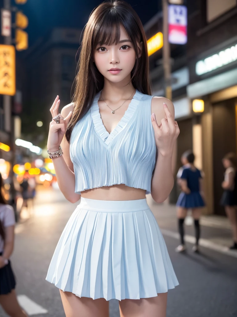 Product quality,1 girl,Cowboy Shot,Front view,(Thigh Emphasis:1.6),Young and sexy Japanese girl,20-year-old,Harajuku,(Crowded street:1.4),Snazzy(Blue:1.5),shirt,wear,(Snazzyバッグ:1.3),Fashionable necklaces,Snazzyイヤリング,((White super short micro pleated mini skirt:1.5)),wear,Very cute face,Glossy Lips,Double eyelids on both eyes,(Natural Makeup),shiny smooth light brown long hair,,,Asymmetrical bangs,Center image,8k resolution,Attention to detail,Detailed hairstyle,Detailed face,Cinema Lighting,Octane Rendering,Ultra-realistic,Perfect limbs,(Detailed fingers:1.5),Beautiful legs,Voluptuous thighs,Huge breasts,Perfect Anatomy,(Model pose:1.3)