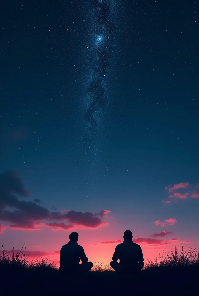Two shadows of two men who are warrios (far away) laying in the ground and whatching at stars, these two men are in the middle of a plain in the evening, with a starry night (dark blue sky above fading to slightly lighter blue below, with pink and red) with thousands of stars, one in the middle shining a little brighter and standing out from the others