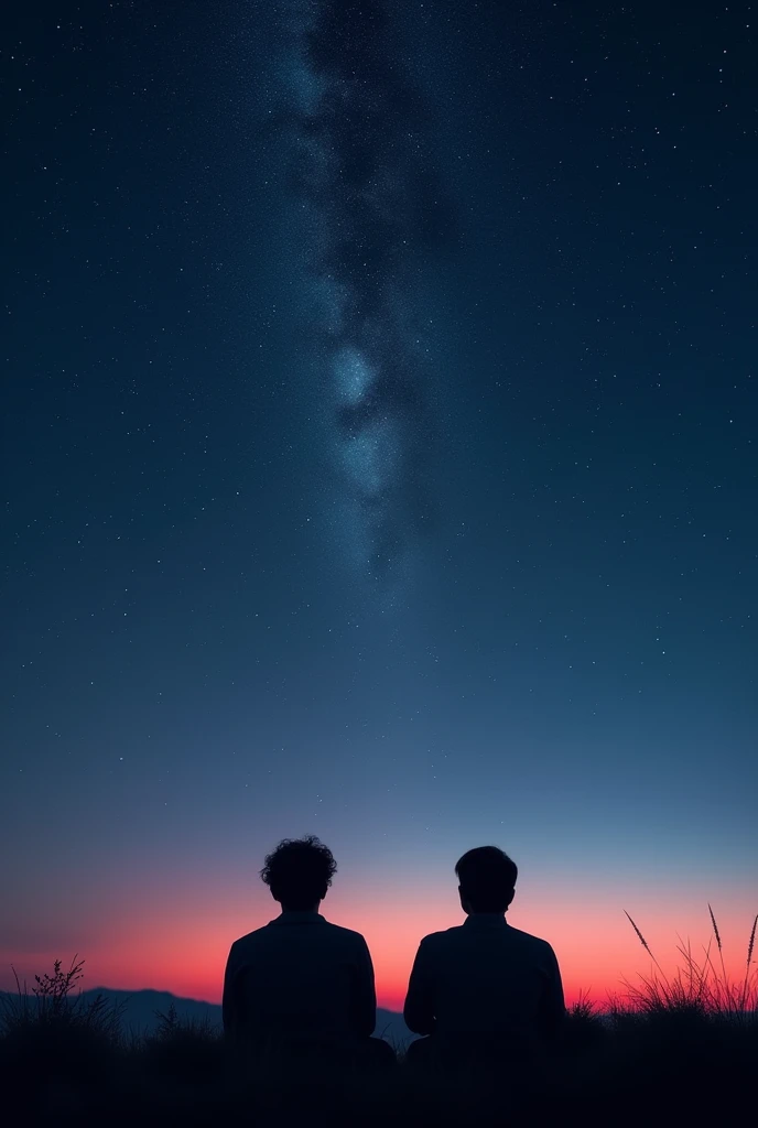 Two shadows of two men who are warrios (far away) laying in the ground and whatching at stars, these two men are in the middle of a plain in the evening, with a starry night (dark blue sky above fading to slightly lighter blue below, with pink and red) with thousands of stars, one in the middle shining a little brighter and standing out from the others