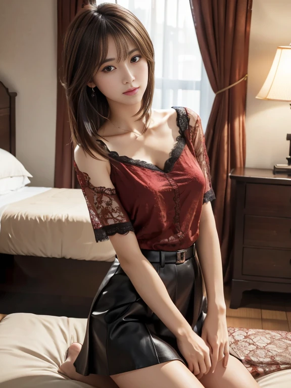 Ultra-high resolution, Superior Quality, Highest quality, Super detailed, Realistic, 8k, RAW Photos, Highest quality, masterpiece, Attractive girl, A wonderful girl, Brown Hair, Shoulder-length layered, Asymmetrical bangs, Japanese Idols, Sophisticated, stylish, Red lace blouse,Tight Skirt,On the hotel bed