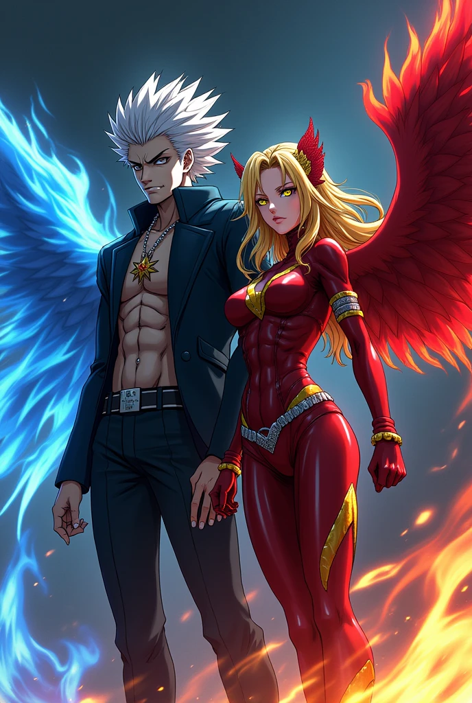 My hero academia Dabi next to a blonde with red wings and yellow eyeliner and heroine costume